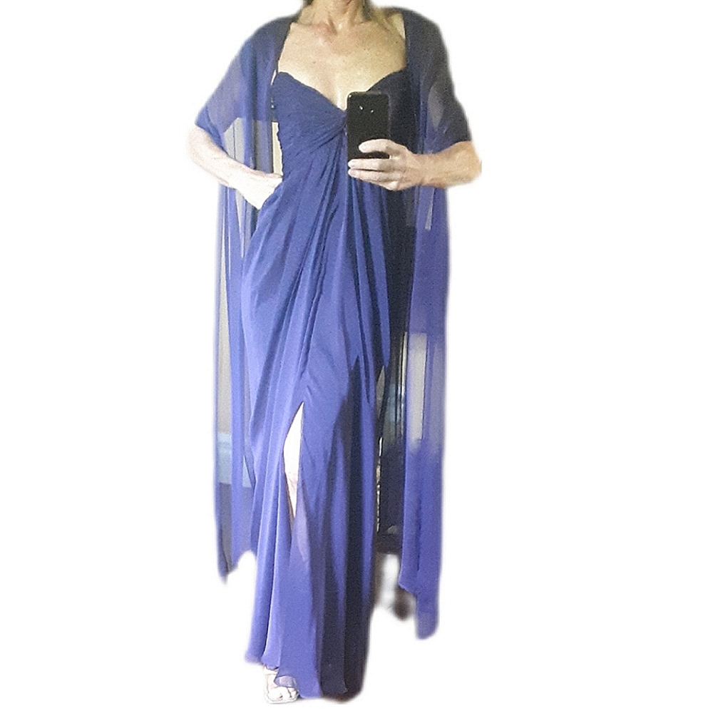 Elegant Vintage Purple Evening Gown with Sheer Shawl Overlay